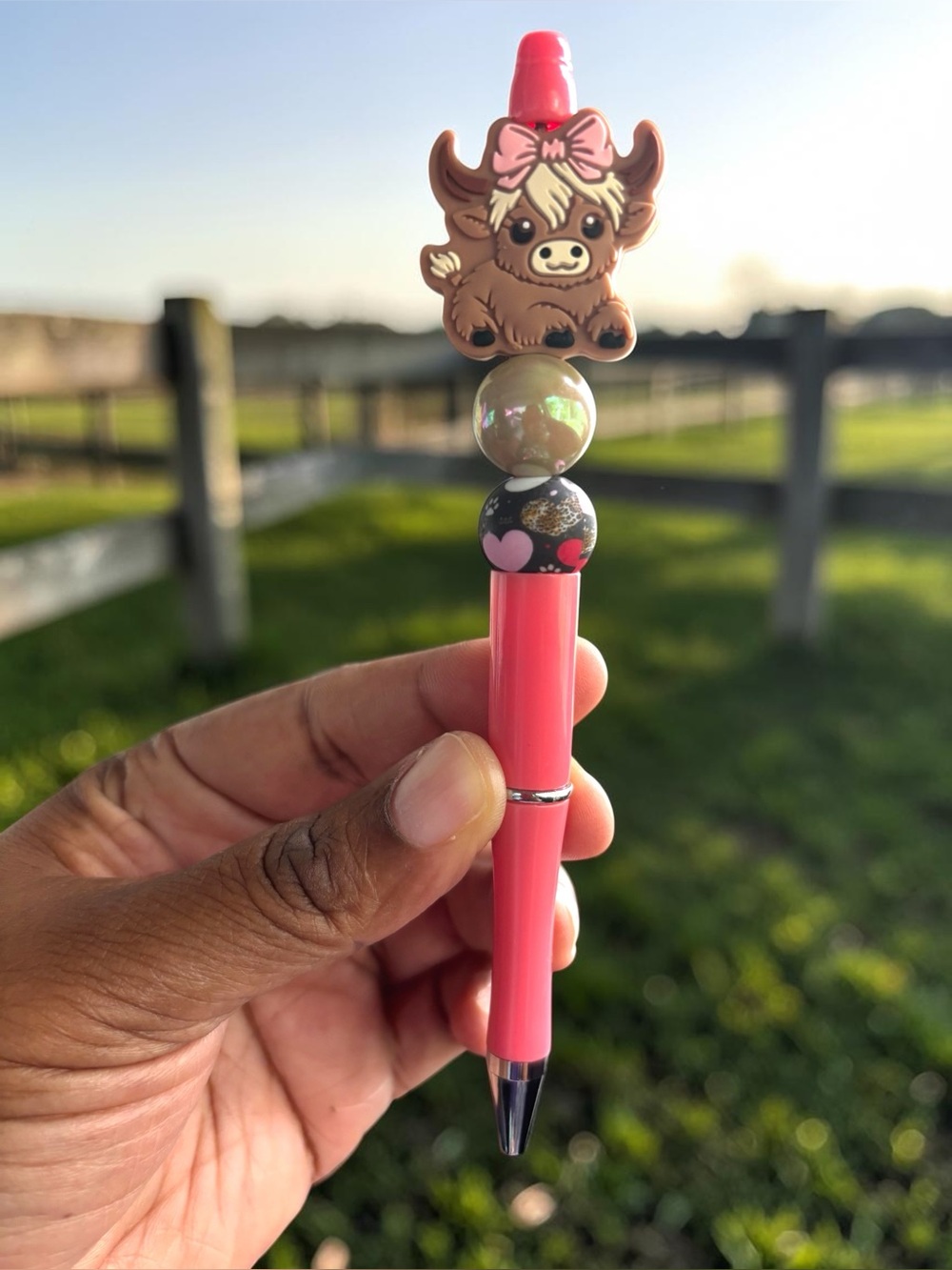 Handcrafted Cute Pink & Brown Highland Cow  Beaded Pen